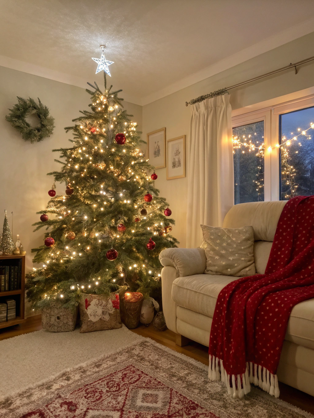 Warmly decorated holiday living room interior